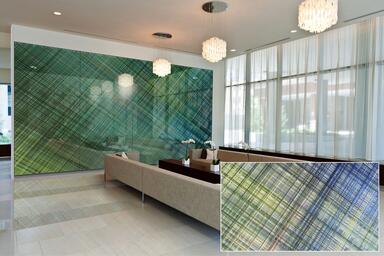 Feature wall in ViviSpectra VEKTR glass with custom interlayer shown in Reflect 